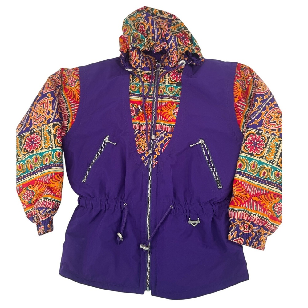Vintage Fera Skiwear Jacket Womens Size 8 Vintage Purple Colorful Print Hooded